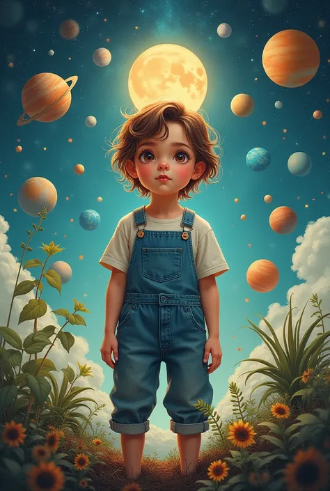 Illustration of a   with brown eyes, Light brown hair wearing a denim planter standing with planets around