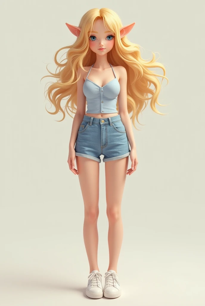 Blonde hair with little ears, a strappy blouse and blue shorts and white sneakers. 