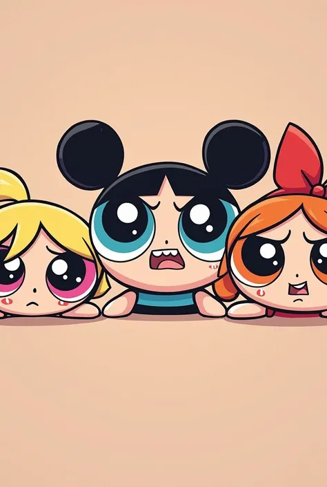 powerpuff girls, face expressions, chibi, front angle, looking at viewer, angry, happy, sad, moody, crying, laughing, cofident, sassy, silly, guilty, only head
