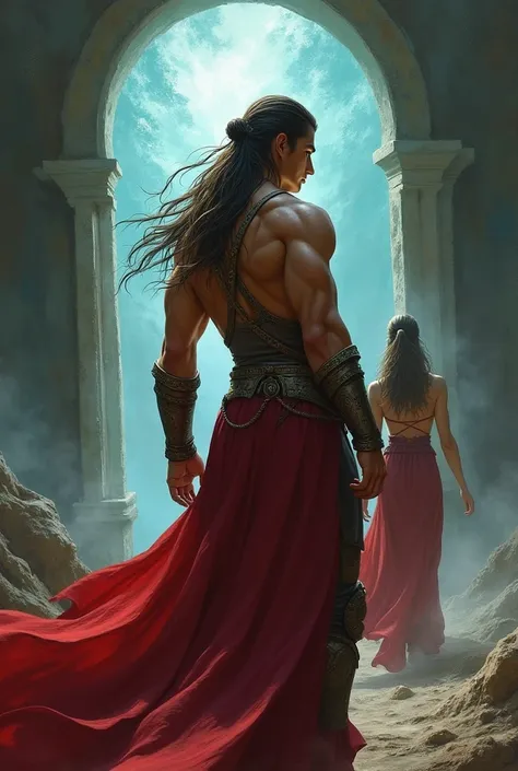 A young male warrior with long hair, Nordic type + a woman in a long red dress leaves,  hairstyle, portal in the background, fantasy art,