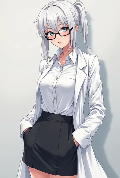 a woman in a white shirt and black skirt, oppai proportions, librarian, very sexy devil outfit, wearing lab coat and glasses, professor clothes, japanese light novel cover, thick rimmed-glasses, biomechanical oppai, thick - rimmed glasses, official charact...