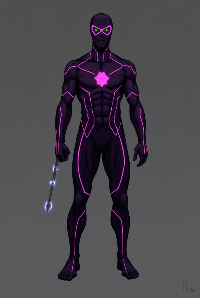 Suit Description:
A sleek, dark-purple bodysuit with magenta accents and glowing, thin lines resembling constellations. The suit is functional and minimalist, with a glowing star emblem on the chest. He wears a simple half-face mask with built-in tech for ...