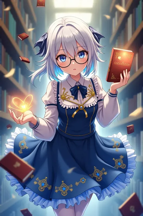 The library transforms into a magical, surreal space with floating books glowing in golden and blue light. Tsumugi, surrounded by a soft aura, holds a floating book, wearing a dark blue and white dress with golden details and star and gear embroidery. Whit...