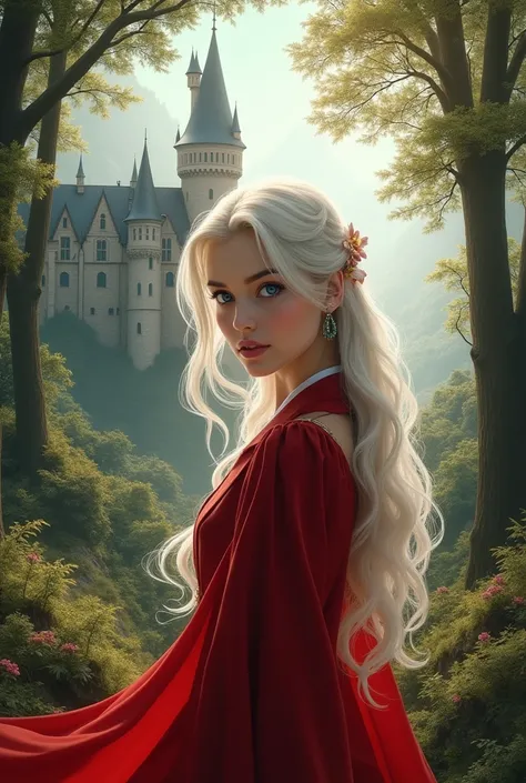 Realistic, 20 years old, female , Blue eyes, White Farrah hair , whith skin  , magic Beauxbatons school fire red uniform ,  castle in forest