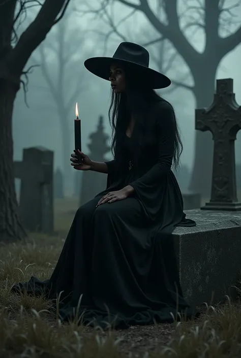  a black woman ,  gothic black dress, black beach hat covering the face, Holding black candle, in the cemetery, Sitting on a grave, dark theme