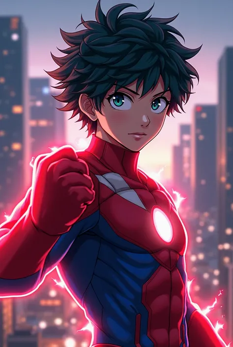 A highly detailed and realistic portrait of Midoria Izuku from My Hero Academia, wearing a vibrant red and blue combination hero suit, striking a powerful fist pose, with red lightning emanating from his feet, set against the backdrop of a bustling Japanes...