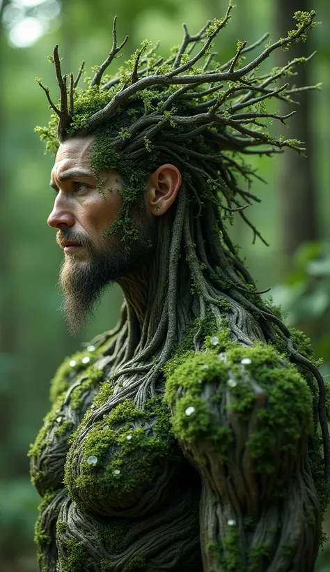  a majestic hybrid warrior  , Half human half tree with short beard , Forest Keeper ,   extremely detailed character,  beautiful detailed eyes,   beautiful detailed lips,  extremely detailed face ,  long eyelashes , Intricate Armor,  glowing ethereal energ...