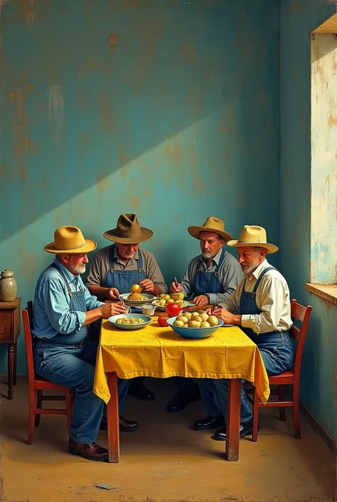  I can create an image that reinterpreted the painting  " Potato eaters " by Van Gogh .  Imagine a contemporary setting :  the farmers could be represented in modern clothes ,  in a modern key maybe sitting around a rustic table but with today's dishes and...