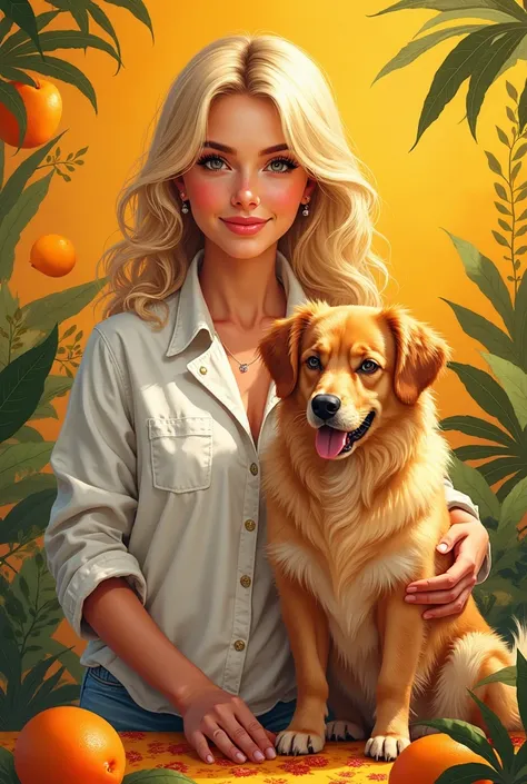  Create an image of your owner (blonde, of brown eyes, Nutritionist),  With your dog with several fur coats in the style of mango