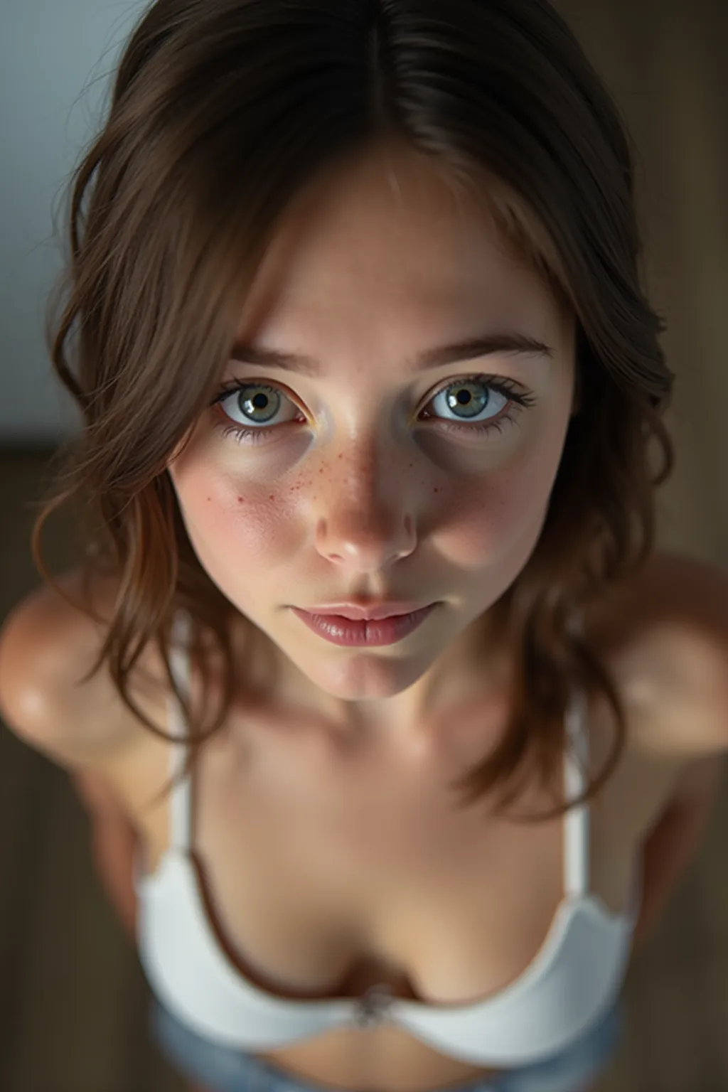 18 years old, youthful, tall, brunette, vivid blue eyes, small breasts, small waist, small ass, with freckles, with dental braces, young looking, cute face, hot body, most beautiful girl ever, close up from the face up picture, looking deeply at the viewer...