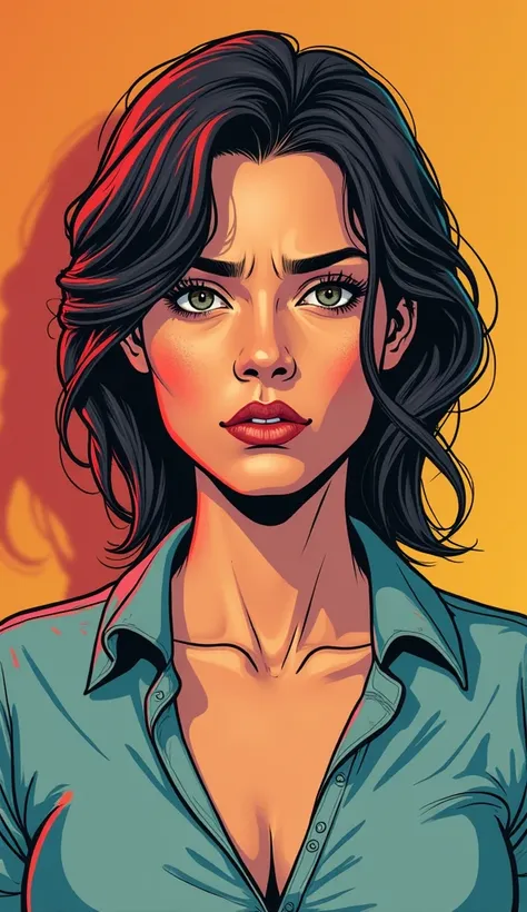 DISCREET image. with discreet casual clothes. image adult woman, american, comic book style. with a neutral face. She is frustrated, ignoring someone. IMAGES WITH VIBRANT COLORS. focus on face