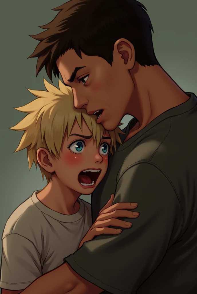 Two Boys one younger with blonde hair and blue eyes craying, other one older with wellbuild body, Black hair and Brown eyes with natural expersion 