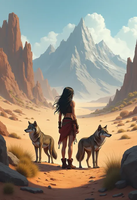 A girl standing with her back to the desert mountains and wolves next to her