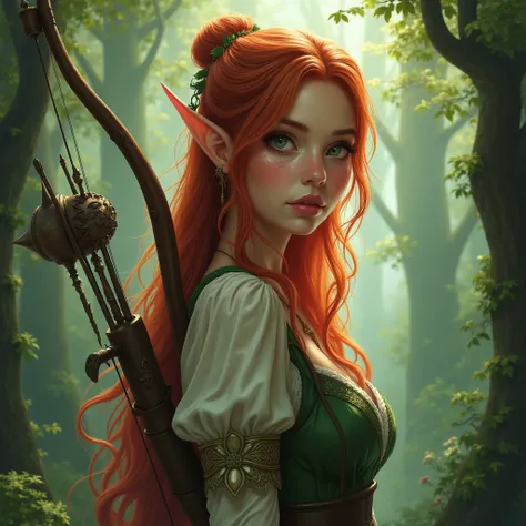 portrait of a fantasy fairy elf hunter. She has red hair, green eyes and freckles. She has a medieval bow on her back and a pair of fairy wings.