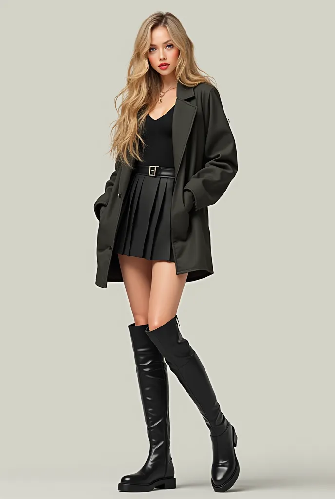 Photo of a blonde girl in a short skirt and full-length knee-length boots 