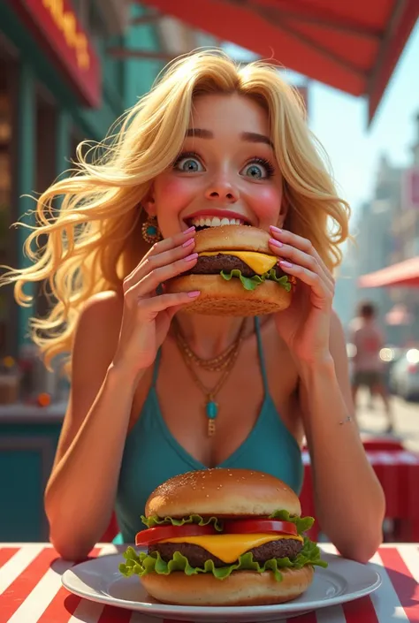  Blonde eating hamburgers 