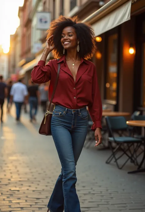 A striking female Black top model, aged 18-35, radiating confidence and sophistication in a vibrant urban setting. She wears a tailored blouse in a rich color that beautifully complements her skin tone, paired with flared jeans that create a flattering sil...