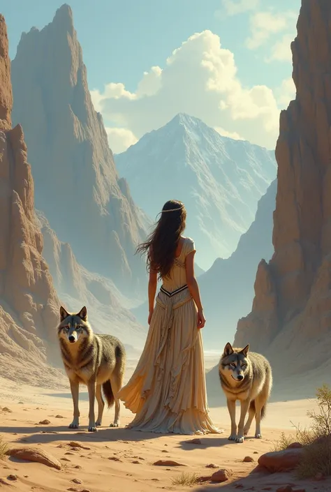 A woman standing with her back to the desert mountains and wolves next to her and wear dress 