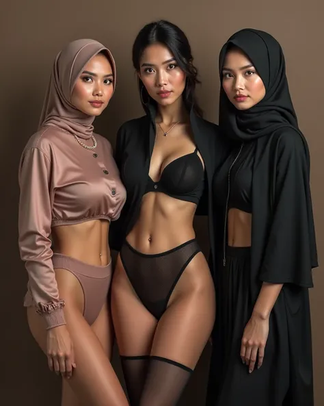 Three Indonesian women, hijab,  underwear and bra, big breast, big boobs, full body, 8 k, hd quality