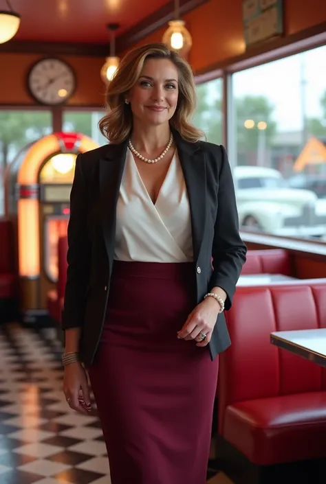 A 52-year-old woman with a curvy figure and a slim waist, dressed in a classic, elegant outfit that appeals to traditional tastes. She wears a form-fitting pencil skirt in a deep burgundy shade that hugs her silhouette and a crisp white blouse with a modes...