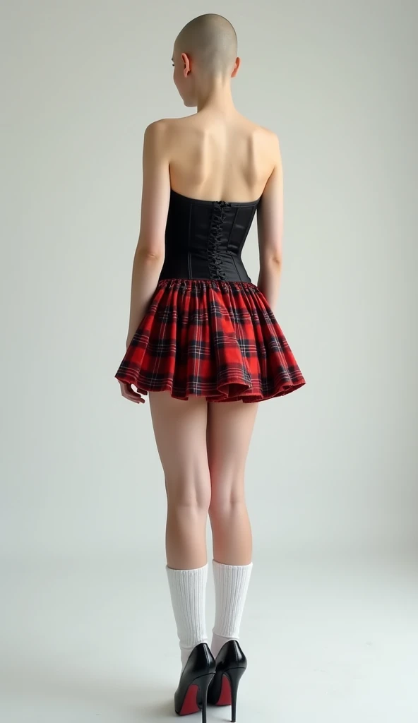 Young white girl standing in a studio. she is wearing a black corset and a red plaid accordin miniskirt. she has a bald head, white thick knitted over-the-knee socks and black stilettos heels with high soles. she has wide hips and big breasts. She is stand...