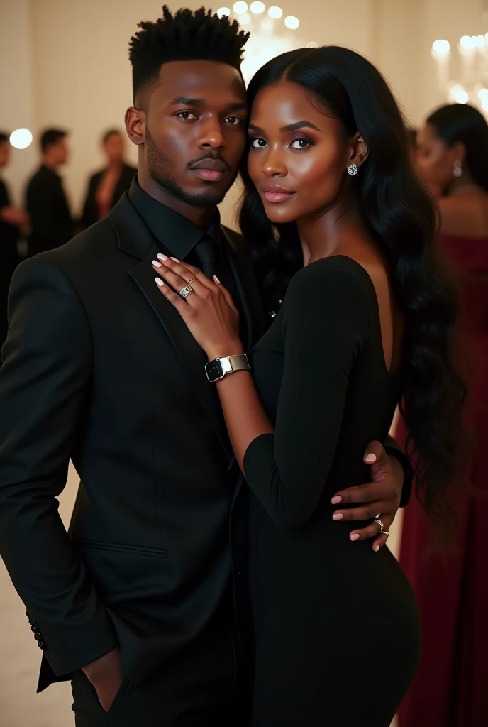  26-year-old  Black man with green eyes with black hair in a black suit posing for a photo with his 26-year-old black girlfriend at a fashion event 