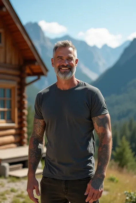  Outside their cabin surrounded by mountains a handsome 40-year-old man with very short light gray hair tattoos, She is very happy kissing the air.  Full body view shot 30k . Full realistic 