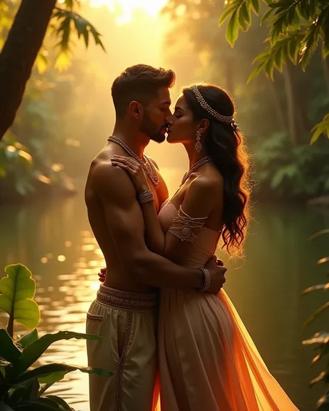 Beautiful couple kissing in the middle of the jungle gold jewelry by a lake 