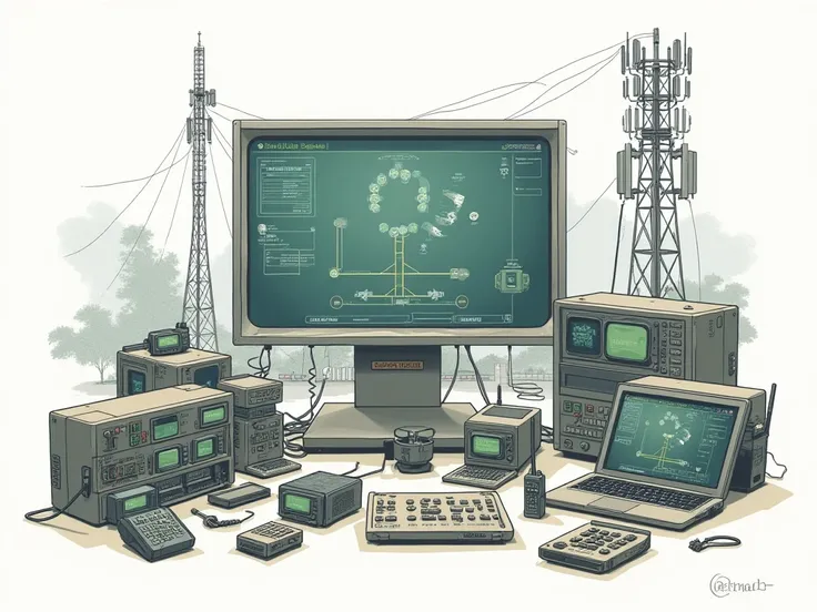 Create a penaflex with writing at bottom "ELECTRONICS SQUADRON FAISAL"
Draw sketches of NGN access Switches, WALKIE TALKIE, Mobile phone. Stacom and telecom tower in background
