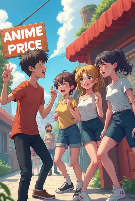 Friends having fun, Meninose s .  with a sign written Anime Price