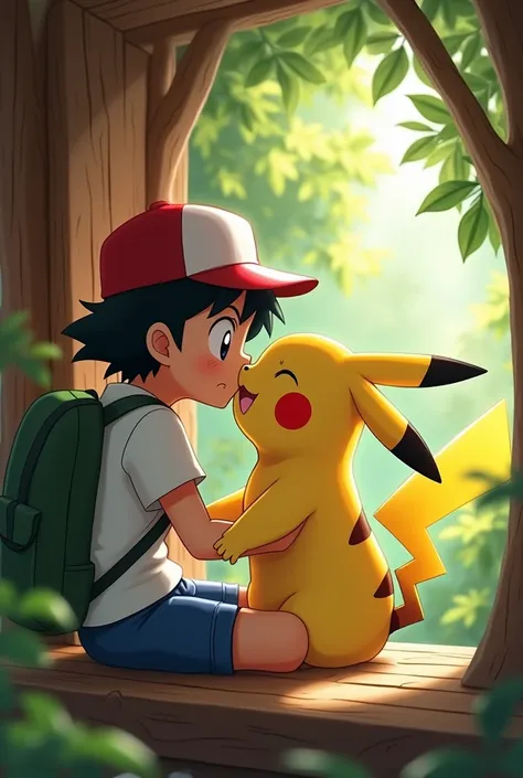 Ash Ketchum kissing Pikachu in treehouse