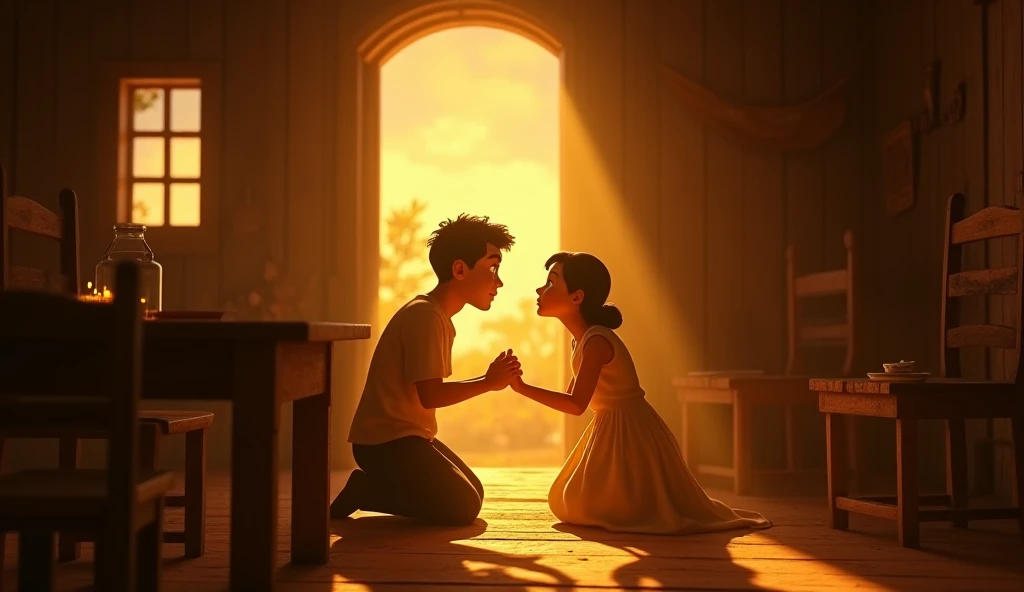 "An awe-inspiring and emotional scene in 3D animated style, set inside a humble countryside home at dusk. Inácio and Maria, dressed in simple, rustic clothing, are kneeling together at the foot of a wooden table in deep prayer, their hands clasped tightly....