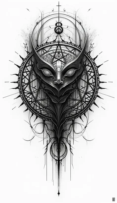 Ominous mandala. In black and white,   tattoo sketch.