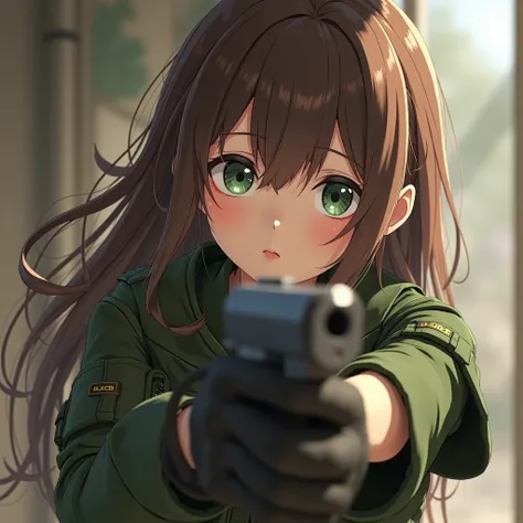 anime,8k, girl soldier,  tight clothes , detailed background , soft facial features,realism,ultra-detailed, brown hair ,  big dark green eyes,ultra high res,extremely detailed CG unity 8, Clear and realistic focus , clashes in the hands of a weapon