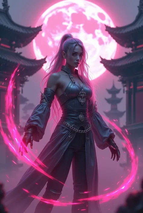 Raiden femme avec un aura rose avec la pleine lune et un temple chinois derrière et un logo dragon sur son habit avec le texte "RKN"