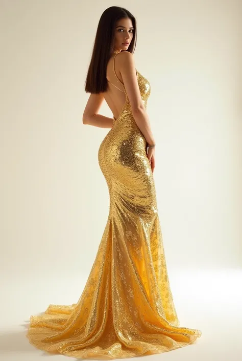 "A striking brunette woman with sleek, straight hair styled to perfection is showcasing a breathtaking 24k pure gold gown. The gown shimmers with every move, its intricate metallic design reflecting light beautifully under the spotlight. The figure-hugging...