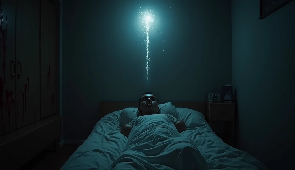 Create a realistic image of a Latino male person who is sleeping in his room... And his room is dark a little dark ,Around there are demons with blood wanting to enter . Then a glowing light comes out of the ceiling.