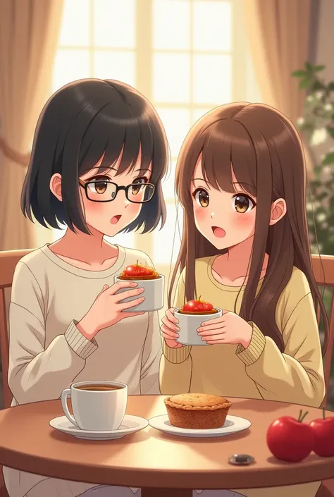 2 girls with anime style, one short black hair wear glasses and one long brown hair, eat apple pie and drink coffee in a house 