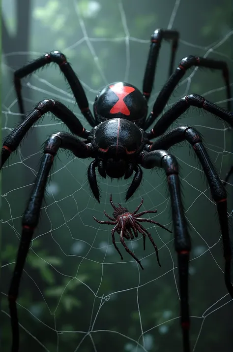 Huge black widow spider showing its signature hourglass on a web feeding 