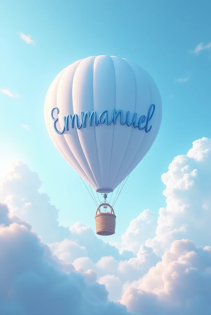 Name EMMANUEL in light blue in a hot air balloon with clouds 