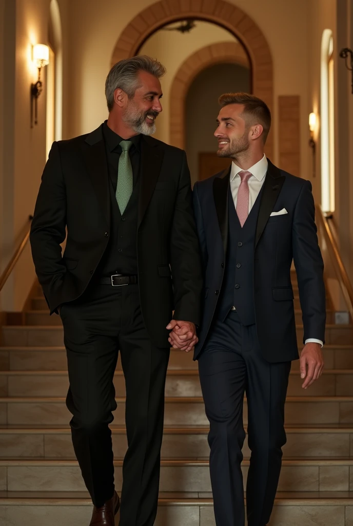 Tall and muscular mature Arab man of 40 with slightly gray hair wearing a black suit wearing a black shirt and light green silk tie holding his now husband, a muscular white blond boy in his 30s with a trimmed beard wearing a two-piece dark blue suit with ...