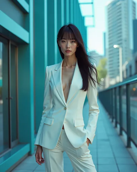 (((Full body view:1.3))), Cinematic photography of a skinny tall beautiful China sensual supermodel Liu Wen in a very very revealing halftone-color white and blue suit posing sensually on the sidewalk next to a glass-wall building with very very futuristic...