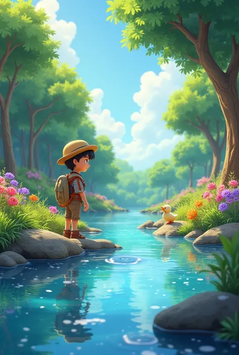 #  SCENE 1 :  Introduction to the river
Description : read y  Thomas llegan a un hermoso río,  with lush trees and flowers around . Roco,  The Duck ,  Not happy among the reeds .
- read:" Look how beautiful the river , Thomas!  It's our favorite place for ...