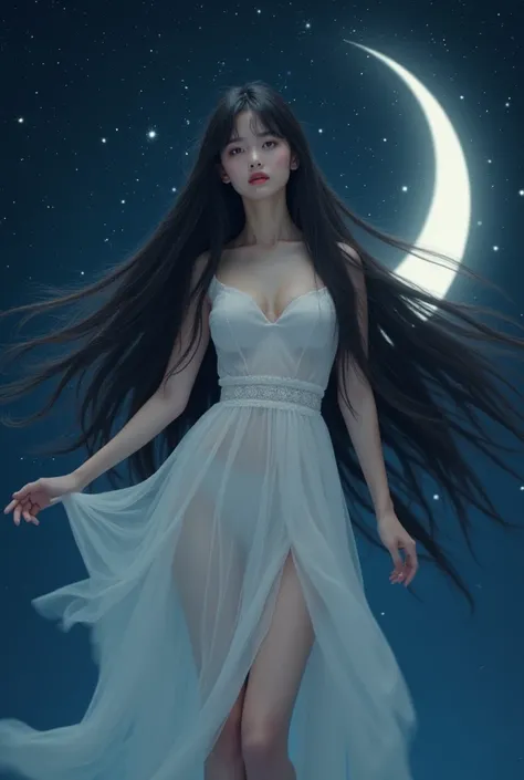 A beautifull woman floating, full body, looking at the camera with white skin, eyes narrow, nose bigger, lower lip is bigger, full lips, long straight dark hair with front white streaks, with the crescent moon behind her and the sky full of stars