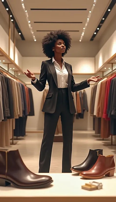 Senerio featuring A black woman presenting men's and women's shoes in a clothing store 