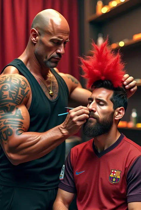  Dwayne Johnson styling Messi creating an extravagant new hairdo on with a bright red color