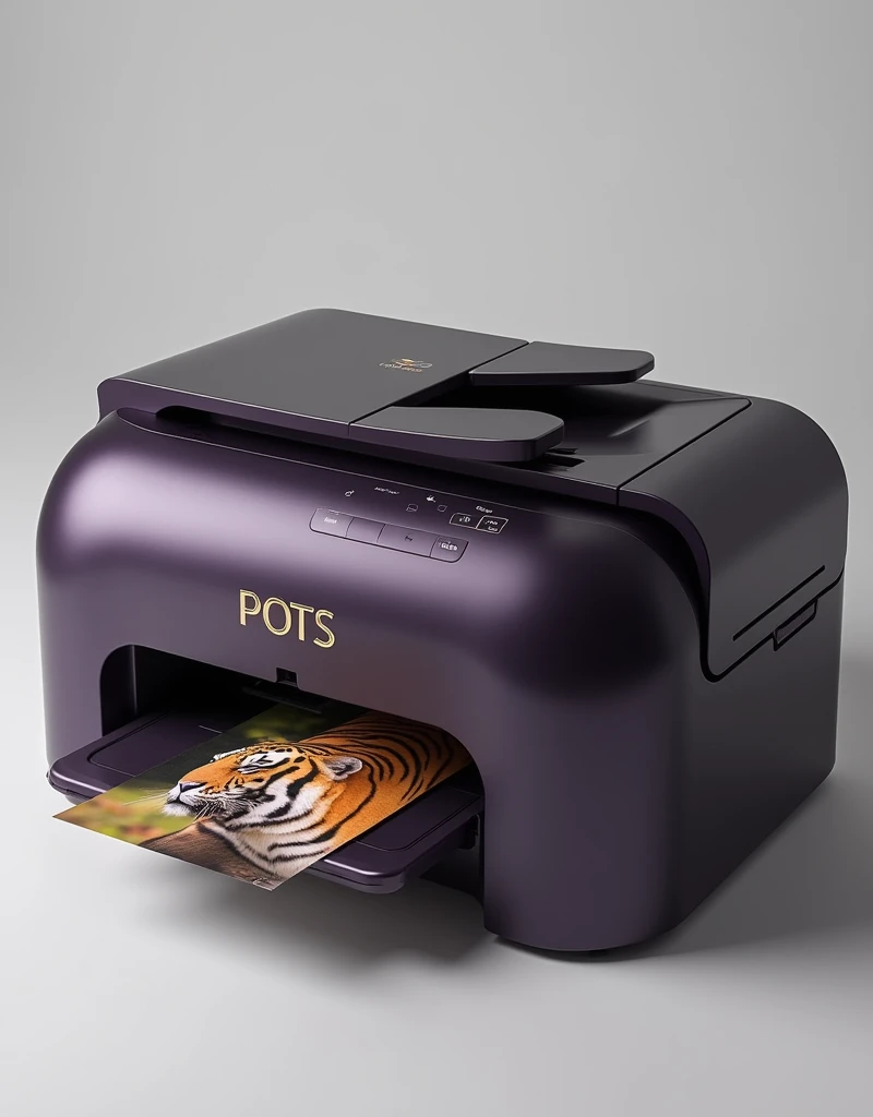  Create the perfect, well-detailed image , mark with rounded edges of a printer .
 Put in metallic letters the Mark :  POTS
Model : MP500
has:  90 cm long by 60 cm high
Format for sheets size : A3
has: una pantalla tactil y 
has: 10 small buttons . 
color ...