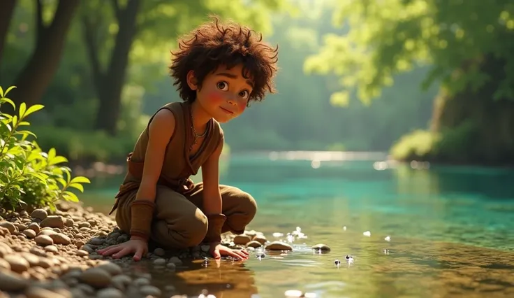 Davi, , short curly brown hair, confident expression, brown tunic with worn details, kneeling next to a stream picking up smooth stones, crystal clear waters reflecting the sun, green trees and a sense of tranquility in the environment, Pixar cinematic sty...