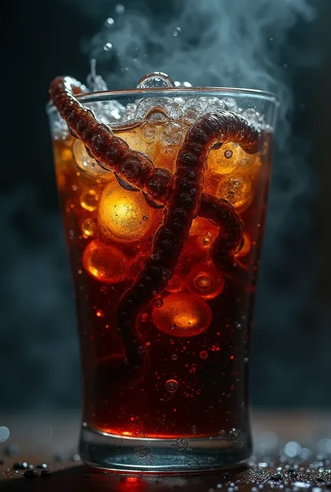 /imagine A close-up shot of a glass of soda with bubbling, eye-like bubbles on the surface, a dark, tentacle-like shadow reaching out from the glass, ominous, unsettling, dramatic lighting, dark and muted colors with a hint of deep red, highly detailed, ph...