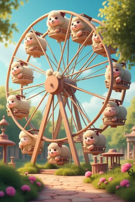 A ferris wheel filled with cute sheep with cute eyes and cute cheeks at a ren's park 